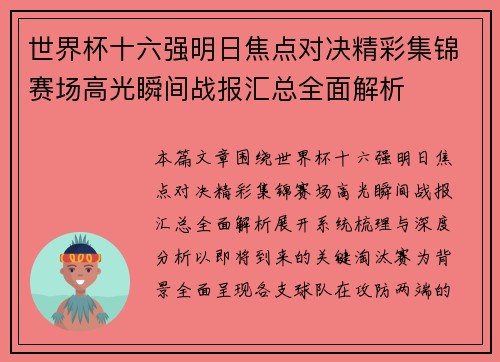 世界杯十六强明日焦点对决精彩集锦赛场高光瞬间战报汇总全面解析